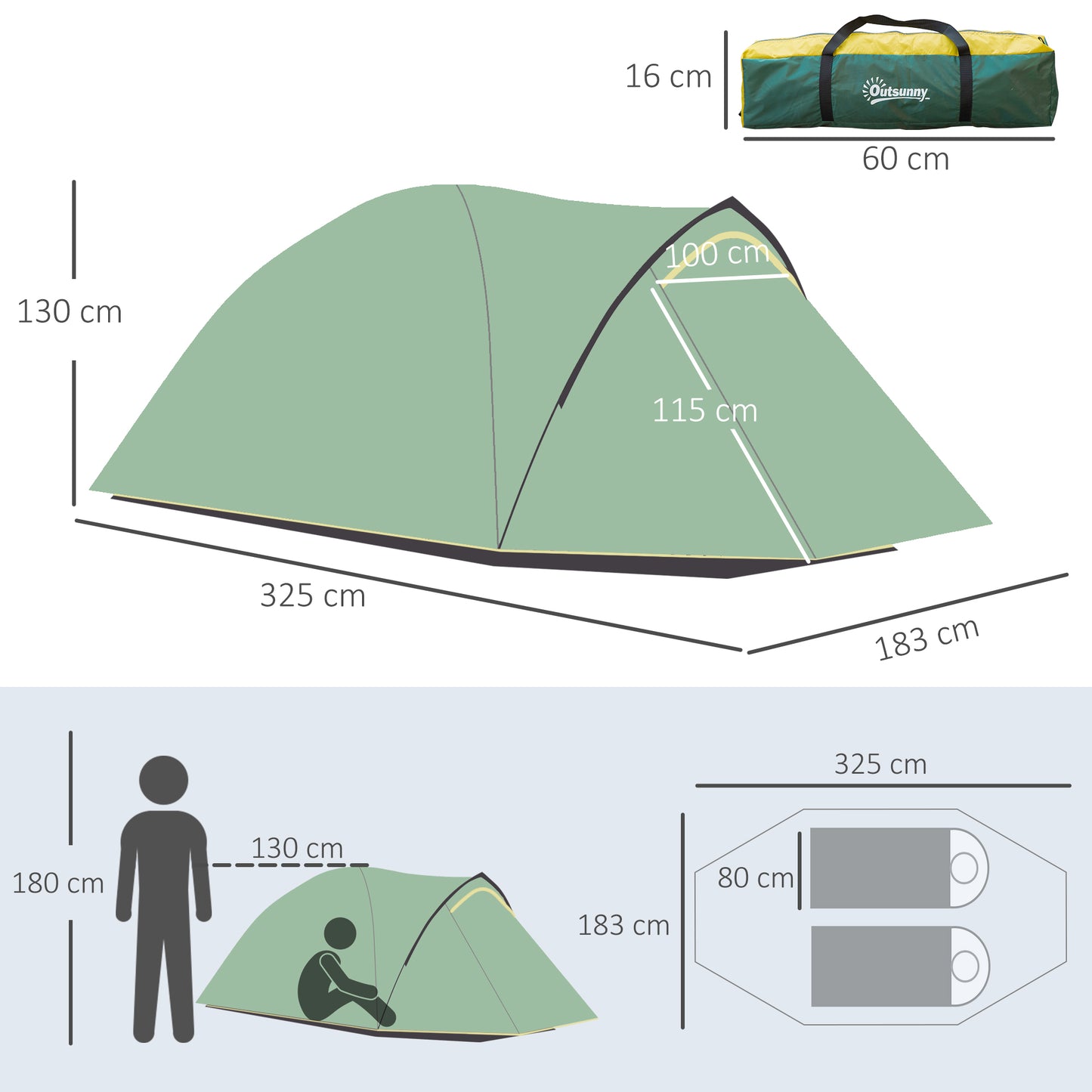 Outsunny Dome Tent for 2 Person Camping Tent with Large Windows, Waterproof