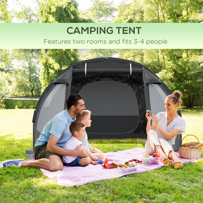 Outsunny 3-4 Man Tunnel Tent, Two Room Camping Tent with Windows and Covers, Portable Carry Bag, for Fishing, Hiking, Sports, Festival