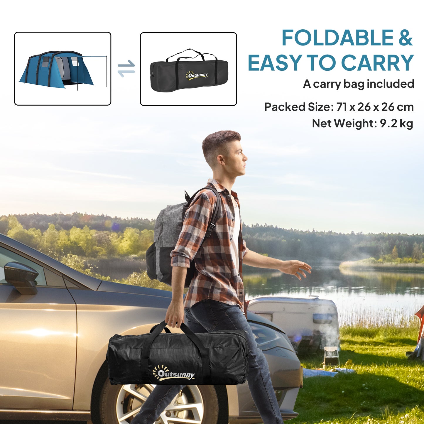 Outsunny Inflatable 3-4 Man Tunnel Tent w/ Air Pump, Living Area & Vestibule, Waterproof Family Camping Air Tent w/ Sewn In Groundsheet & Removable Footprint for Camping, Hiking