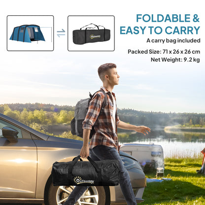 Outsunny Inflatable 3-4 Man Tunnel Tent w/ Air Pump, Living Area & Vestibule, Waterproof Family Camping Air Tent w/ Sewn In Groundsheet & Removable Footprint for Camping, Hiking